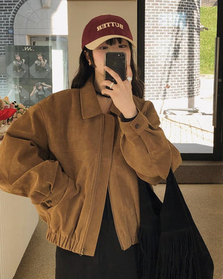 Lapel suede loose fit zip-up jacket