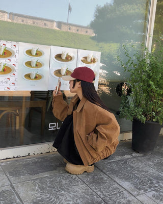Lapel suede loose fit zip-up jacket