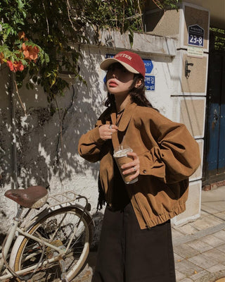 Lapel suede loose fit zip-up jacket