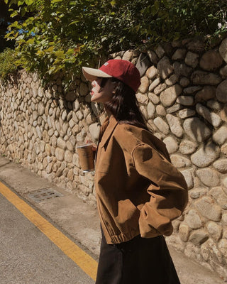 Lapel suede loose fit zip-up jacket