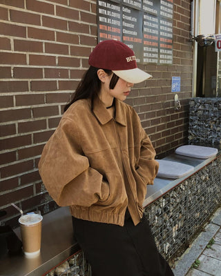 Lapel suede loose fit zip-up jacket