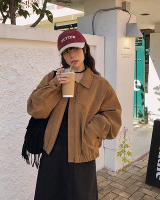 Lapel suede loose fit zip-up jacket