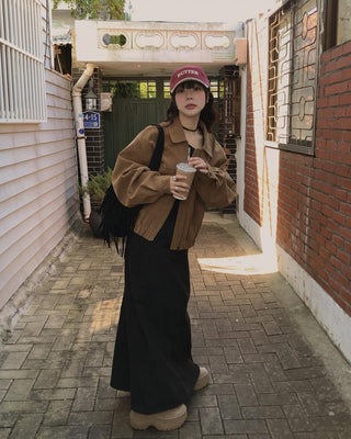 Lapel suede loose fit zip-up jacket