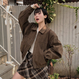 Lapel suede loose fit zip-up jacket