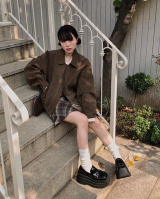 Lapel suede loose fit zip-up jacket