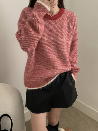 Vontrasting color striped round neck sweater