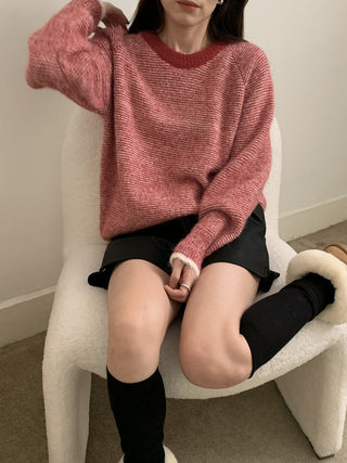 Vontrasting color striped round neck sweater