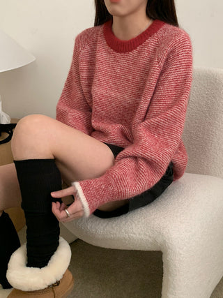 Vontrasting color striped round neck sweater