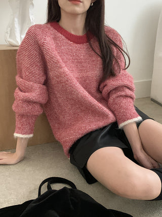 Vontrasting color striped round neck sweater
