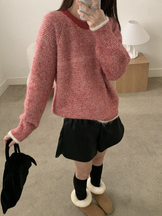 Vontrasting color striped round neck sweater