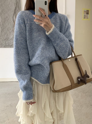 Vontrasting color striped round neck sweater