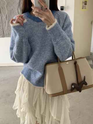 Vontrasting color striped round neck sweater