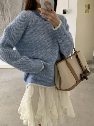 Vontrasting color striped round neck sweater