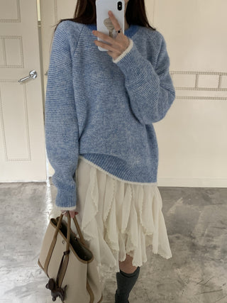 Vontrasting color striped round neck sweater