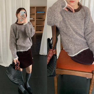 Vontrasting color striped round neck sweater