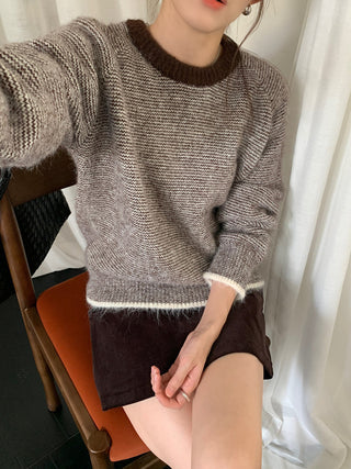 Vontrasting color striped round neck sweater
