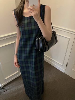Retro color grid sleeveless dress