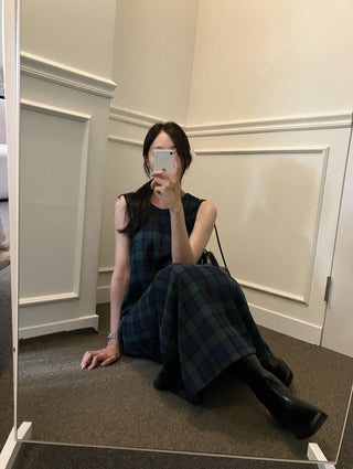 Retro color grid sleeveless dress