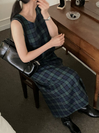 Retro color grid sleeveless dress