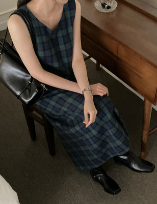 Retro color grid sleeveless dress