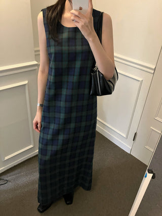 Retro color grid sleeveless dress