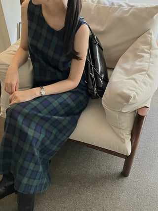 Retro color grid sleeveless dress