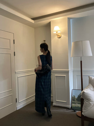 Retro color grid sleeveless dress