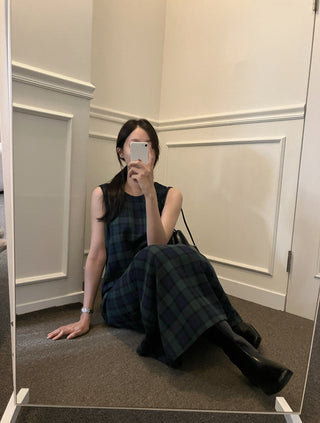 Retro color grid sleeveless dress