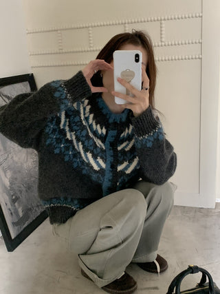 Retro Contrasting color knitted cardigan