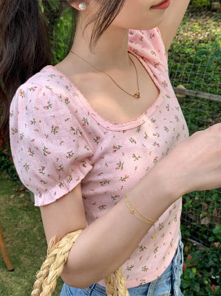 Small fresh flower bubble sleeve top