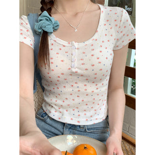 Crushed flower round neck crop top