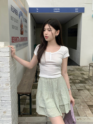 Crushed flower round neck crop top