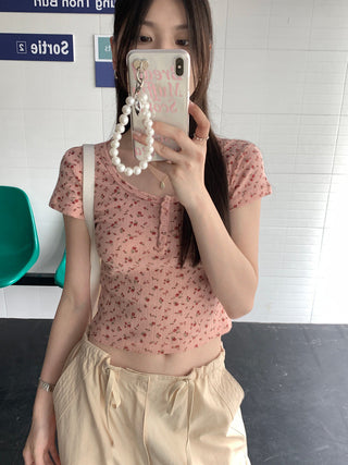 Crushed flower round neck crop top