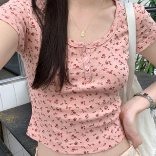 Crushed flower round neck crop top
