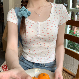 Crushed flower round neck crop top