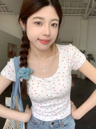 Crushed flower round neck crop top