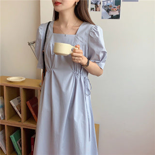 Korean solid color drawers waist dress