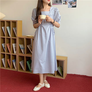 Korean solid color drawers waist dress