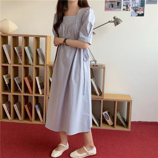Korean solid color drawers waist dress