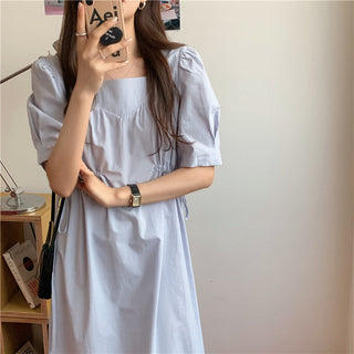 Korean solid color drawers waist dress