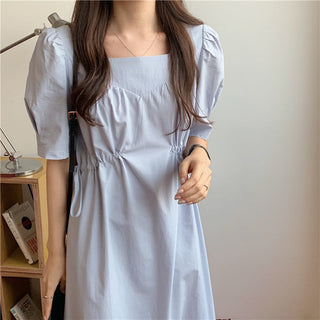 Korean solid color drawers waist dress