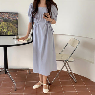 Korean solid color drawers waist dress