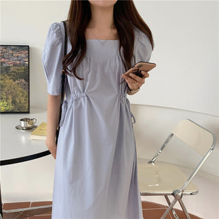 Korean solid color drawers waist dress