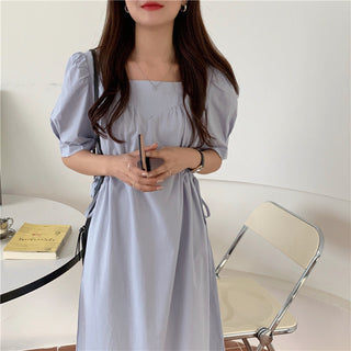 Korean solid color drawers waist dress
