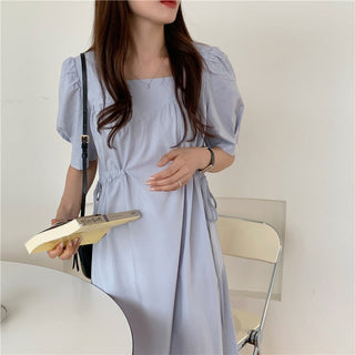 Korean solid color drawers waist dress