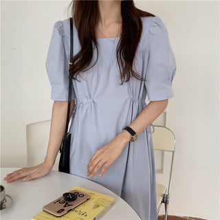 Korean solid color drawers waist dress