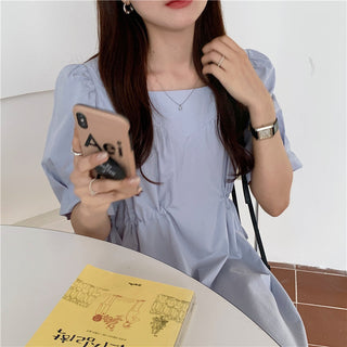 Korean solid color drawers waist dress