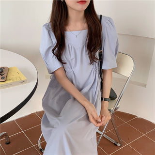 Korean solid color drawers waist dress