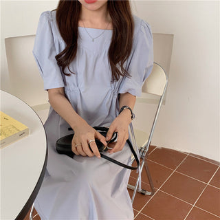 Korean solid color drawers waist dress