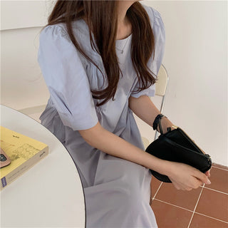 Korean solid color drawers waist dress